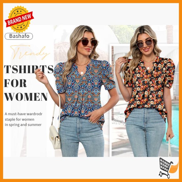 Puff Sleeve V-Neck Blouse, Loose Fit Summer Top, Polyester Blend - Picture 7 of 7